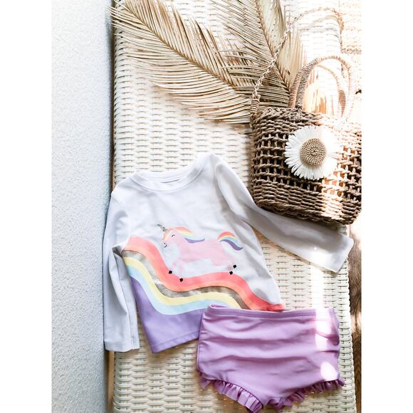 ⋒ Darling Pastel Rainbow Unicorn Rash Guard Boyshorts Swimsuit - Picture 1 of 3